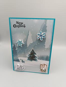 Weihnachtskarte „Merry Christmas“ — Winterwald mit 3D‑Applikationen